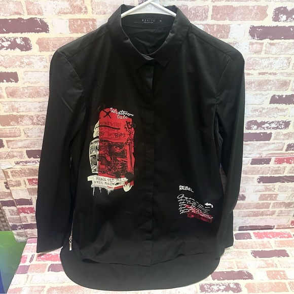 MOHITO Collection Women’s Trendy Black Shirt with Red and White Graphics - Picture 10 of 12